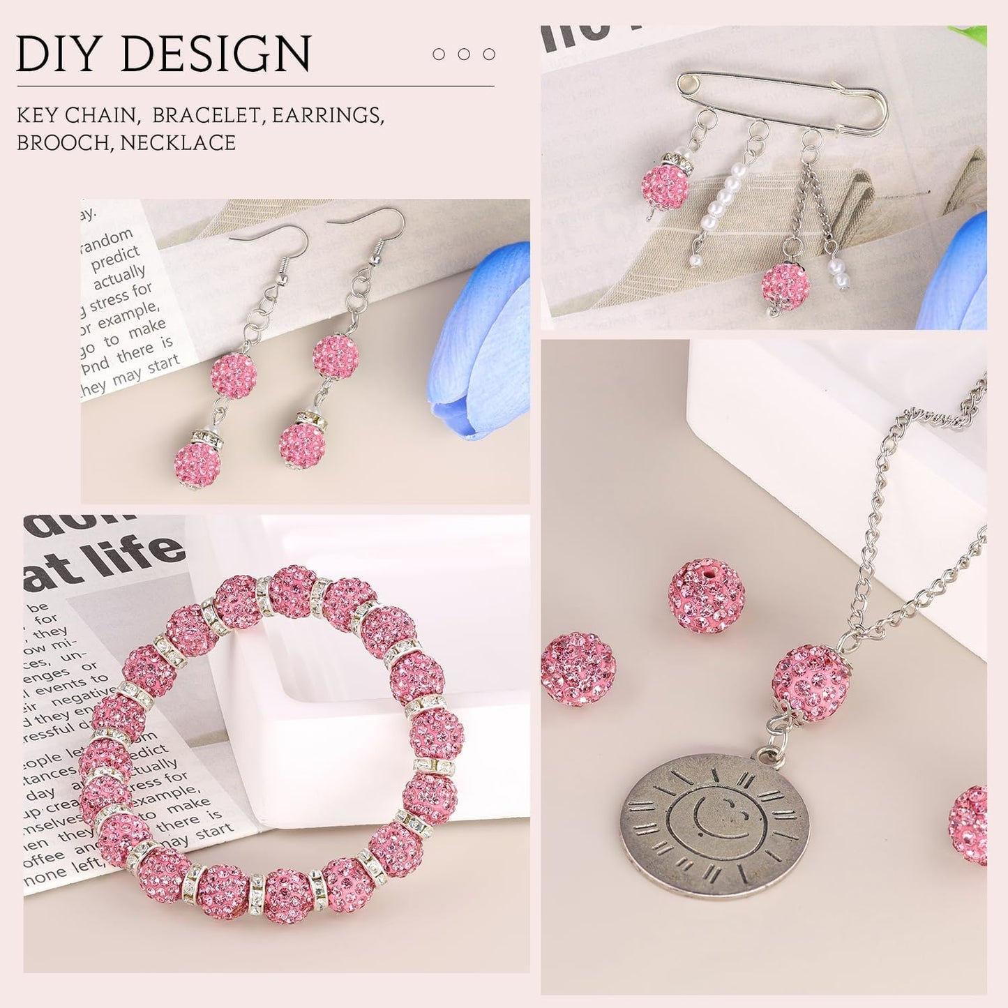 200pcs 10mm Dark Pink Rhinestone Beads for Jewelry Making, Shiny Round Shamballa Disco Ball Beads Bulk, Sparkle Crystal Clay Christmas for Bracelet Baseball Necklace Earring Crafting and DIY