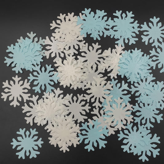 50pcs Edible Snowflakes for Cake Decorating Cupcake Toppers for Christmas Winter frozen Theme Birthday Party Decorations (White & Blue)