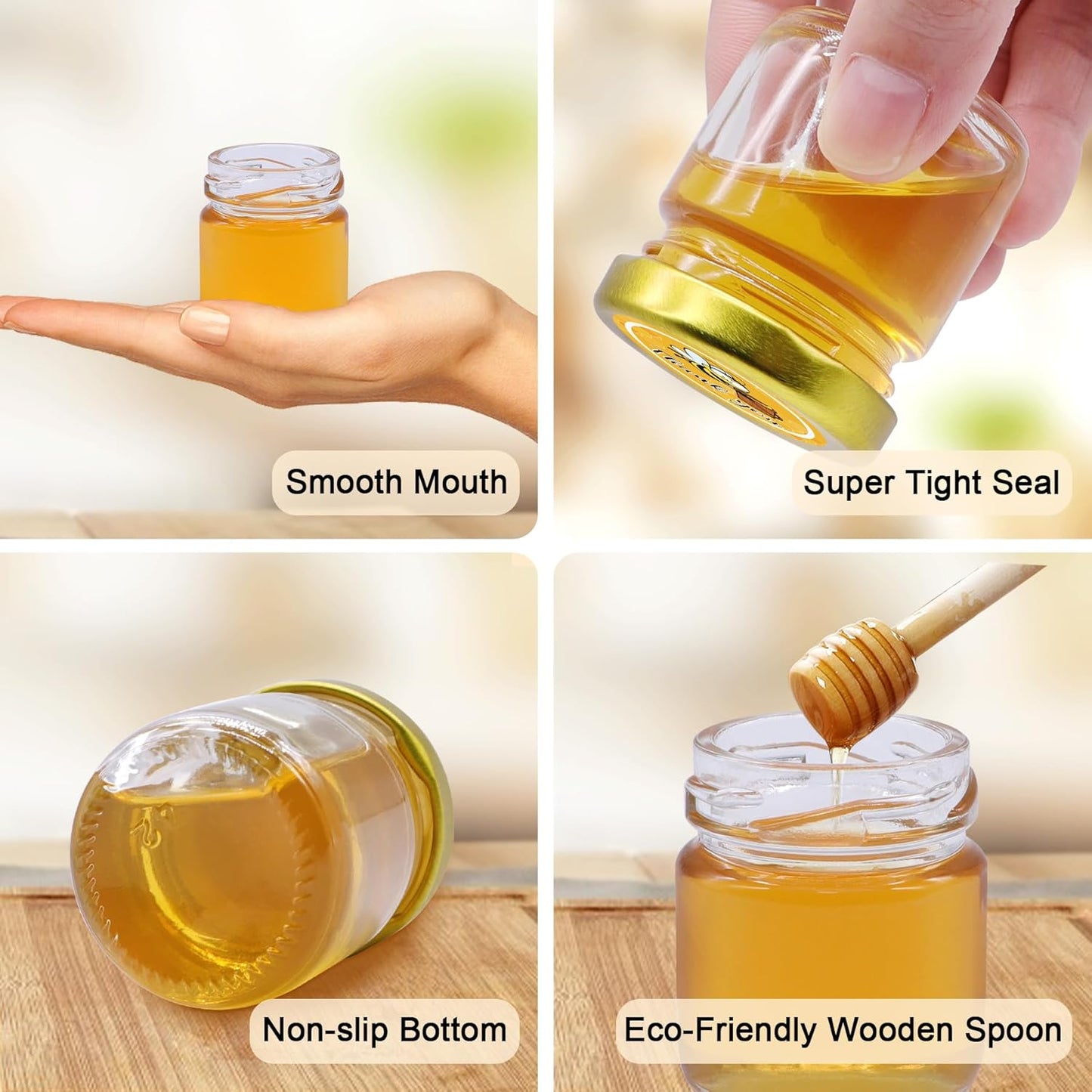 Aliggbent 126 Pack Mini Honey Jars for Party Favors in Bulk, 1.5 oz Small Round Glass Honey Jars with Dippers, Lids, Cute Stickers, Bee Charms, Bags and Jute for Baby Showers, Weddings & Birthdays