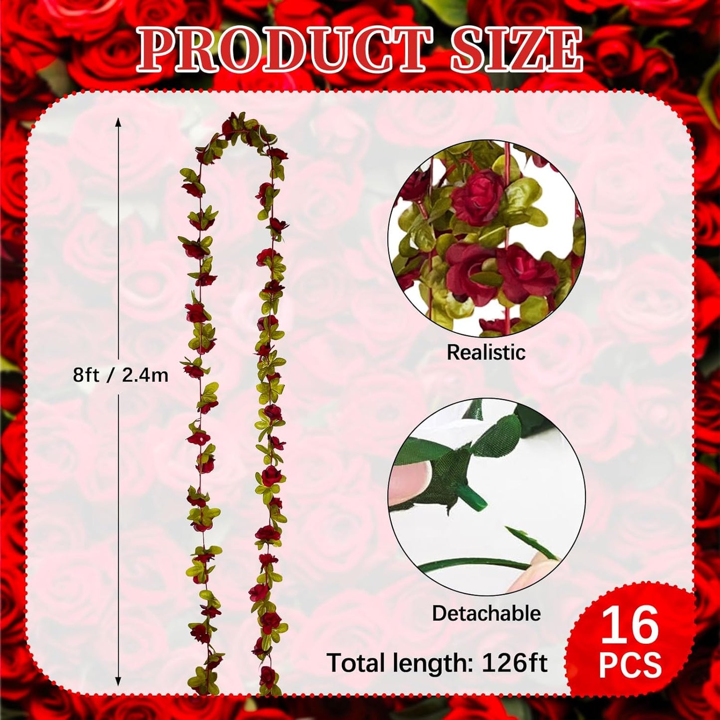 16Pcs 126Ft Burgundy Rose Garland, Fake Rose Hanging Flowers, Artificial Flower Vine, Hanging Floral Vine Garland for Wedding, Birthday Party, Wall Arch, Halloween, Christmas Garden Backdrop Decor