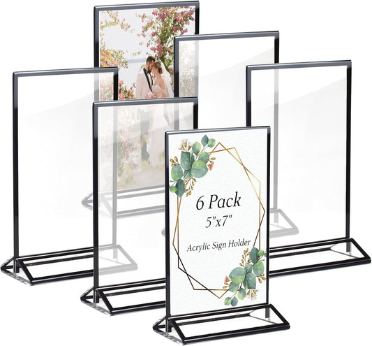 5x7 Inches Clear Picture Frames 6 Pack Acrylic Sign Holders, Double-sided Menu Stands Wedding Table Numbers Holders, Table Top Display Sign Stand Plastic Flyer Holder Vertical Photo Stand, Black