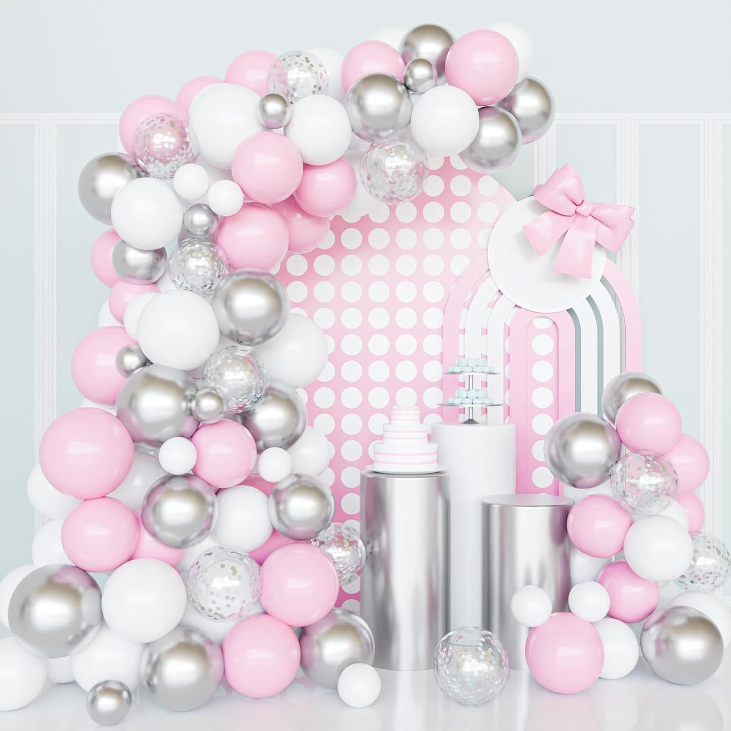 Silver Pink Balloons Garland Kit, 100pcs White and Silver Confetti Metallic Latex Balloons Arch with 16ft Tape Strip & Dot Glue for Girl Baby Shower, Birthday Party, Wedding, Anniversary Decorations