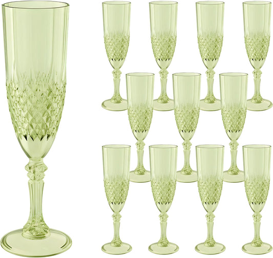 Plastic Champagne Flutes, 12PCS Green Wine Glasses Goblets Cups Reusable Flute, for Weddings Bachelor Parties Toasting and Events(12, Green)