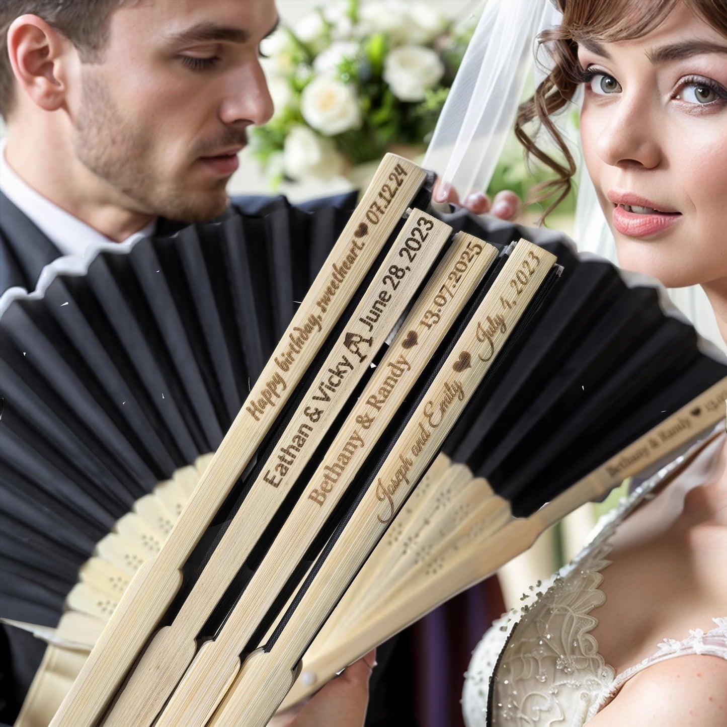 200Pcs Personalized Silk Fans Folding Hand Fan, Custom Wedding Bridal Party Favors, Summer Wedding Bride, Wedding Gift, Thank You Gift (Black)