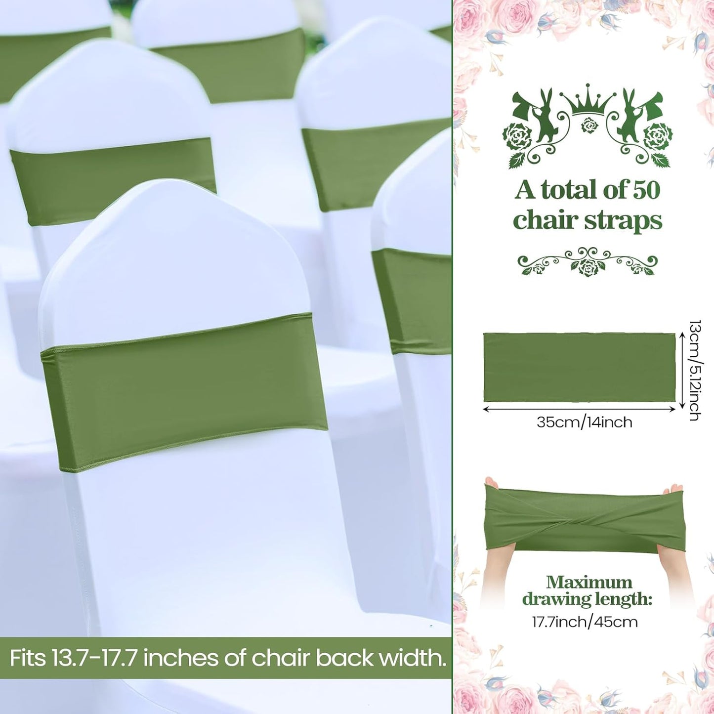 Kinlop 50 Pcs Spandex Chair Sashes Bows Chair Bands Slider Sashes for Covers Elastic Bands Ties Without Buckle Decorations for Wedding Party Events Ceremony Birthday (Moss Green)