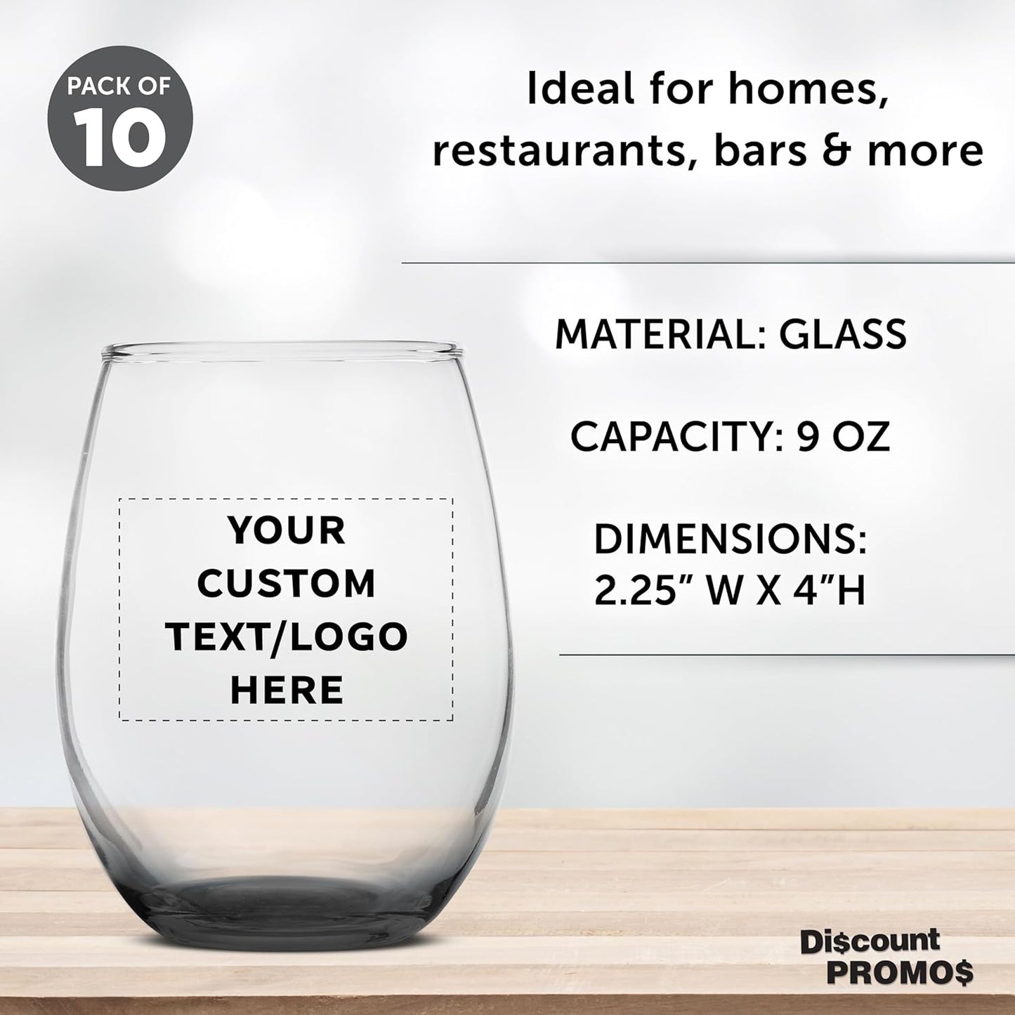 DISCOUNT PROMOS Custom Stemless Wine Glass 9 oz. Set of 10, Personalized Bulk Pack - Great for Wedding Favors, Bachelorette Party Decorations, Party Favors, Color Bottom - Black