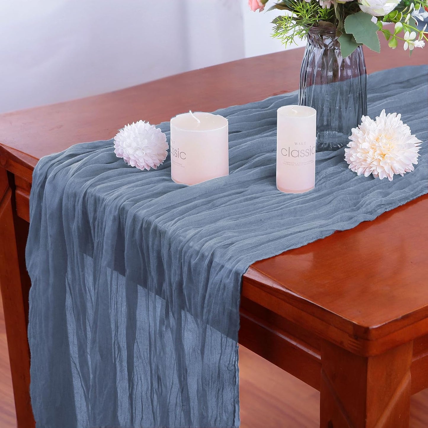 16PCS Dusty Blue Cheesecloth Table Runner 10FT Table Runner Cheesecloth 35x120Inch Boho Gauze Cheese Cloth Table Runner Long Rustic Sheer Table Runners for Wedding Party Baby Bridal Shower Table Decor