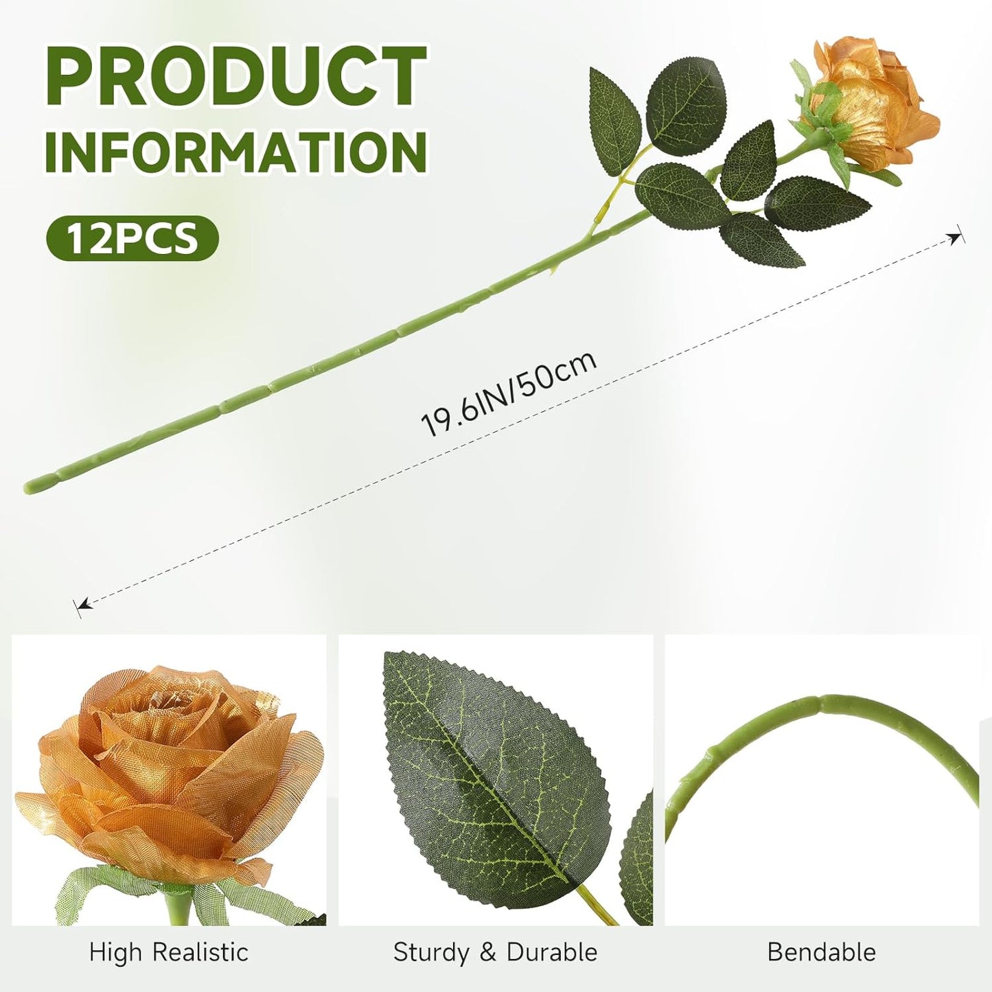 Tifuly Gold Roses Artificial Flowers -12Pcs Realistic Single Long Stem Fake Silk Roses Bouquet for Party Home Wedding Centerpiece Hotel Office Decor