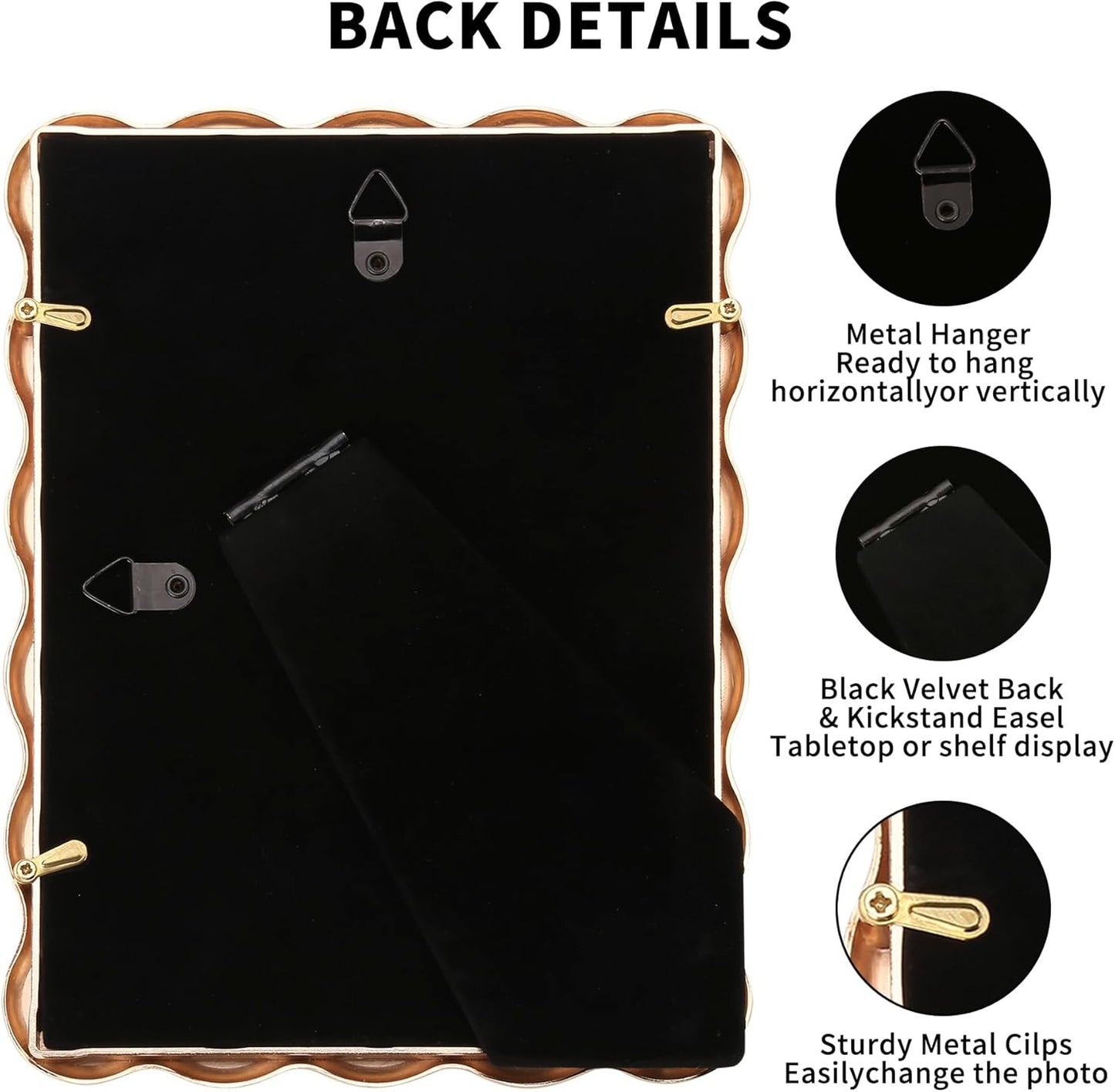 8 x 10'' Heavy-Duty Zinc Alloy Gold Photo Frames with Acid Free Mat for 5x7'',Wave Design Gold Picture Frame 8x10'' with Black Velvet Back