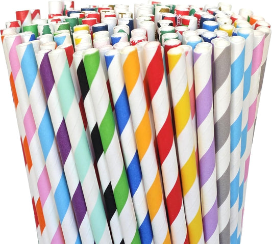 200 Striped Paper Straws, Biodegradable Disposable Drinking Colorful Straws for Birthdays, Coffee, Cocktail, Lemonade, Weddings, Bridal, Baby Shower, DIY Decorations, Party Supplies
