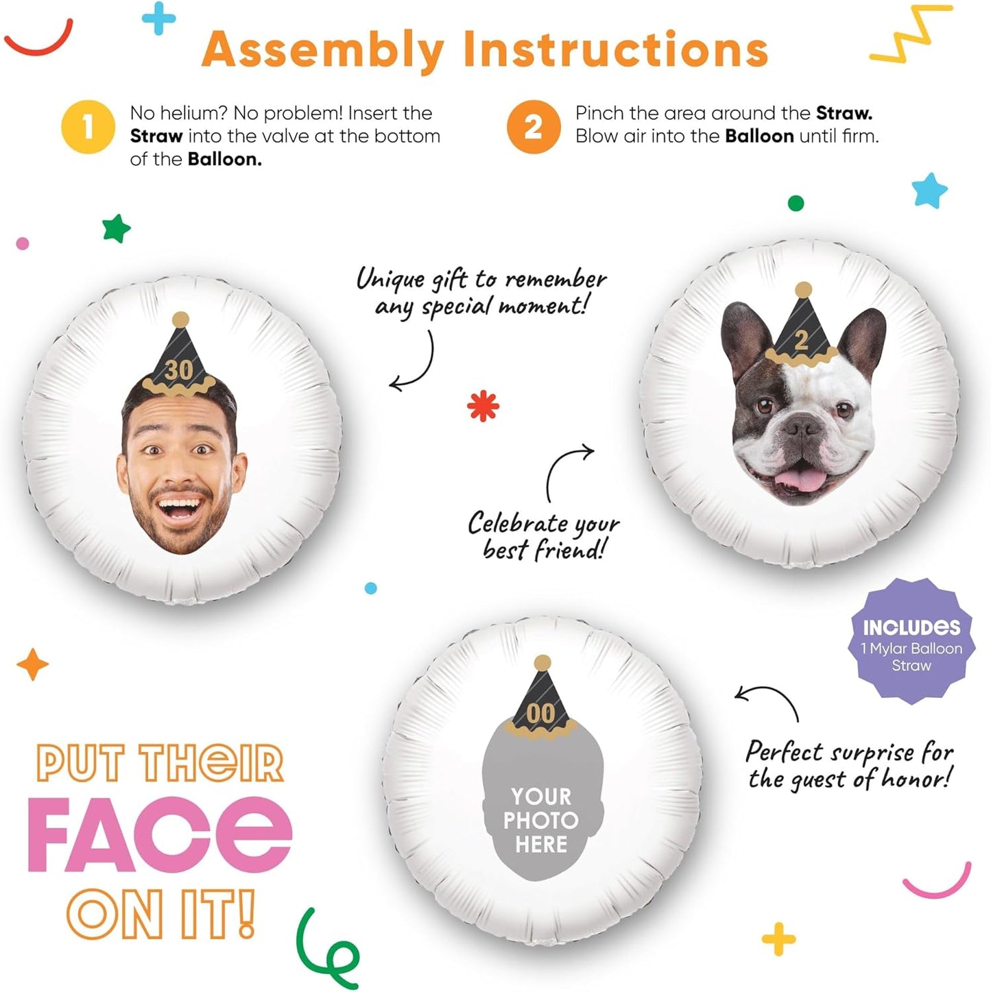 Big Dot of Happiness Personalized Adult Happy Birthday Black & Gold Cone Hat Fun Face Photo Balloon, Kids Birthday Party Decorations, Custom Double-Sided Circle Mylar, 1 Piece