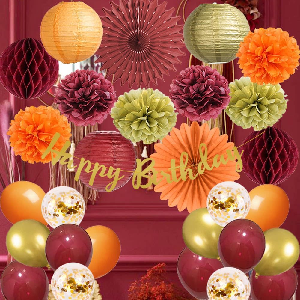 Fall Birthday Decorations Burgundy and Orange Party Decorations Pom Poms Flowers Paper Lanterns Fans Autumn Burgundy Birthday Decorations with Happy Birthday Banner Cake Topper Gold for Women Girls
