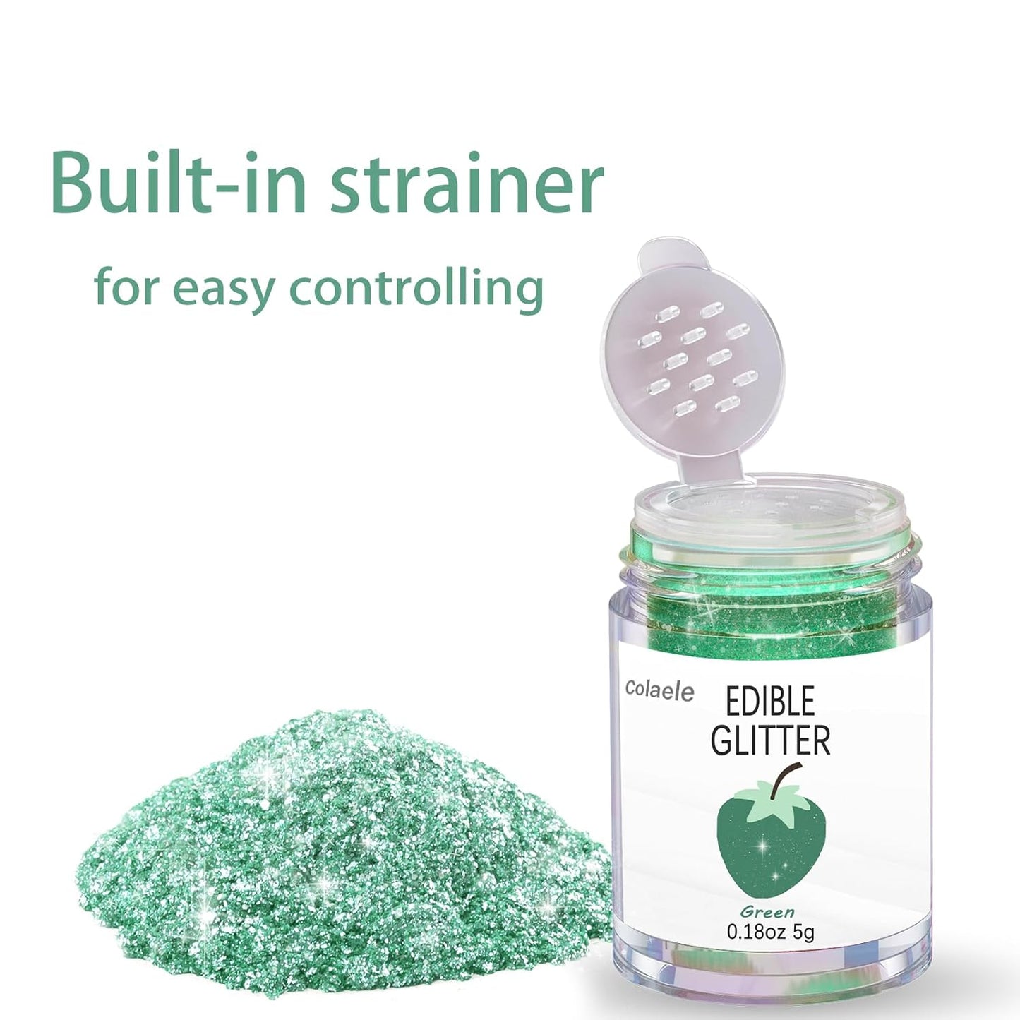 Green Edible Glitter Glimmer Powder for Cakes Drinks - Colaele 5 grams Food Grade Luster Dust Metallic Food Decorating Sprinkle Disco Brew Dust for Cake Decorations Wine Beverage Candy Dessert, Vegan