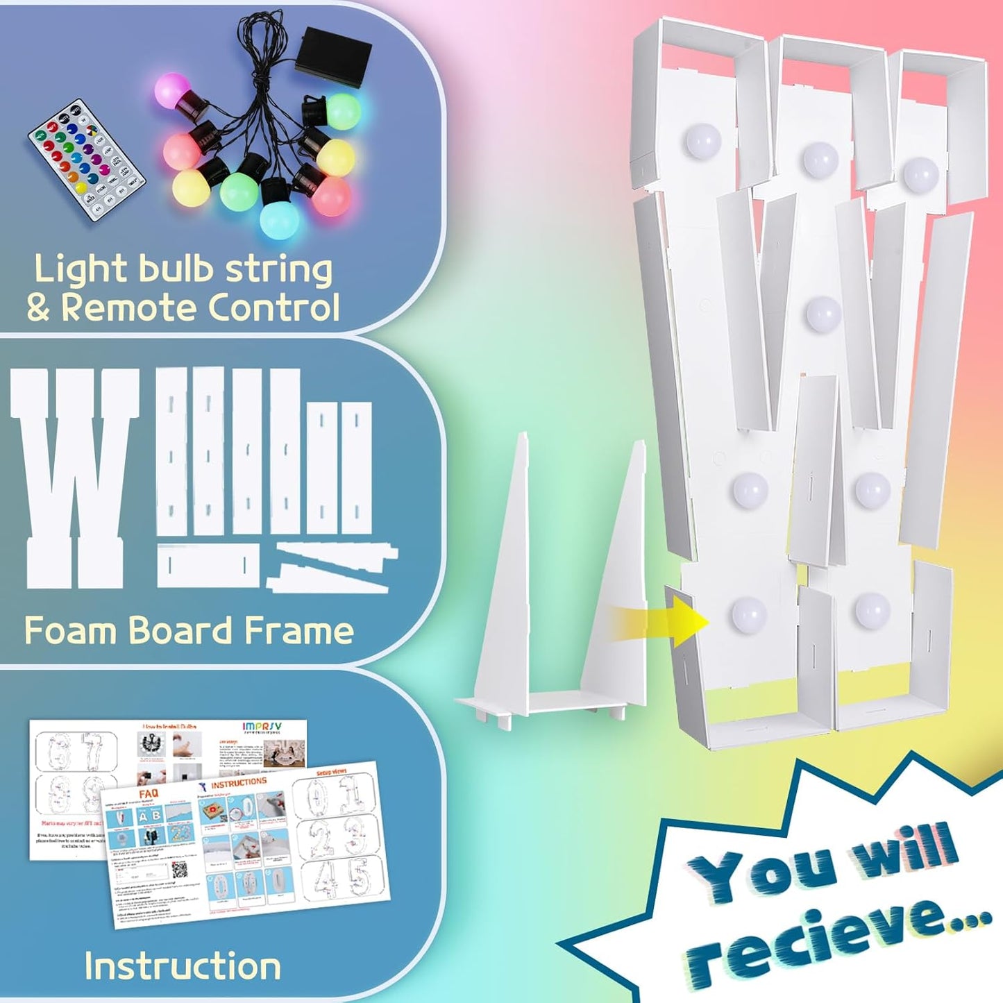 Imprsv 3FT Colorful Marquee Light Up Letters W, 18 Color Light Up Alphabet Sign with Remote, Baby Shower, Birthday Engagement Wedding Party Decor