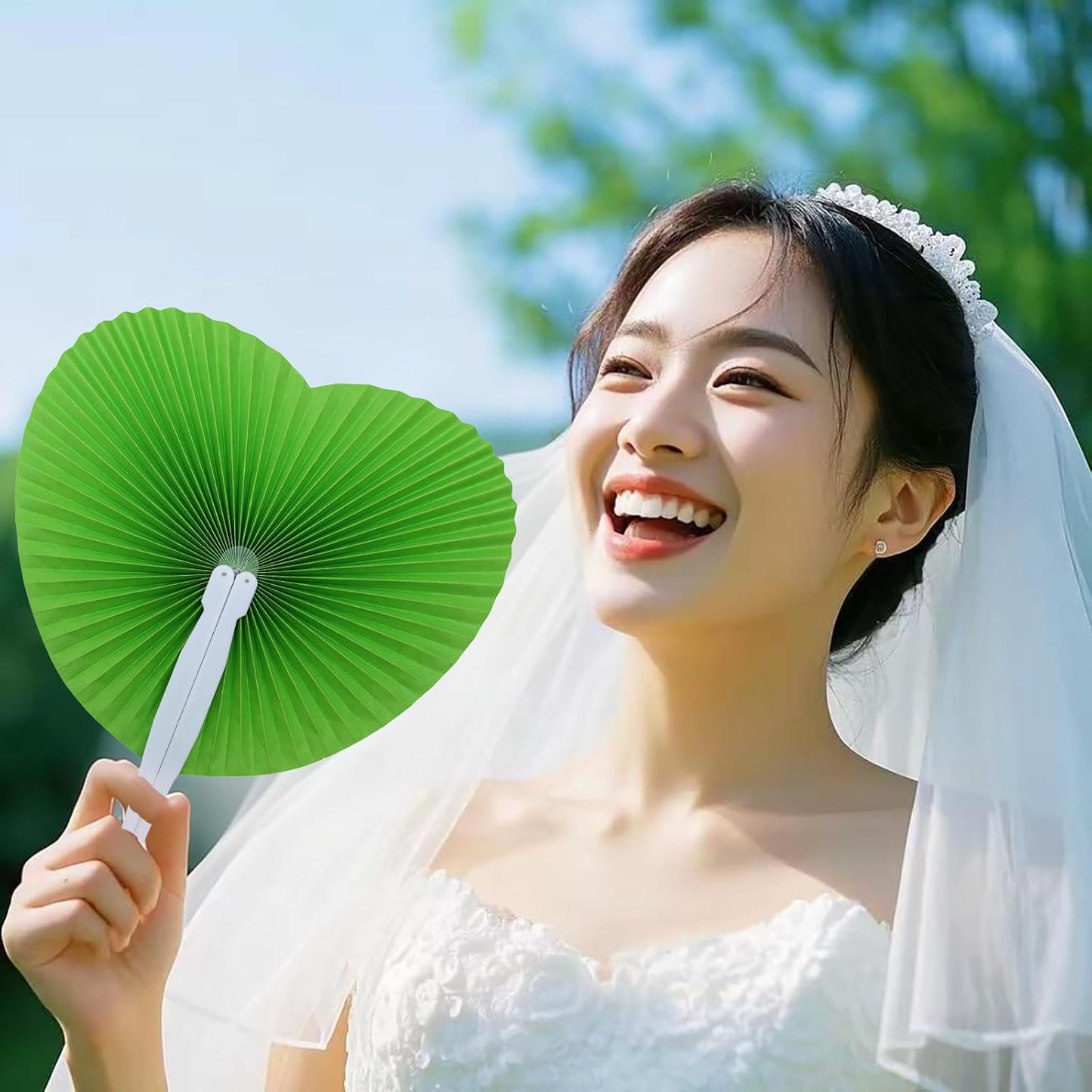 12 Packs Decorative Paper Folding Hand Fans Handheld,Grass Green Heart Foldable Wedding Fans Chinese and Japanese Fans Bulk for Bridal Guest Church Party Favors Dancing Birthday DIY