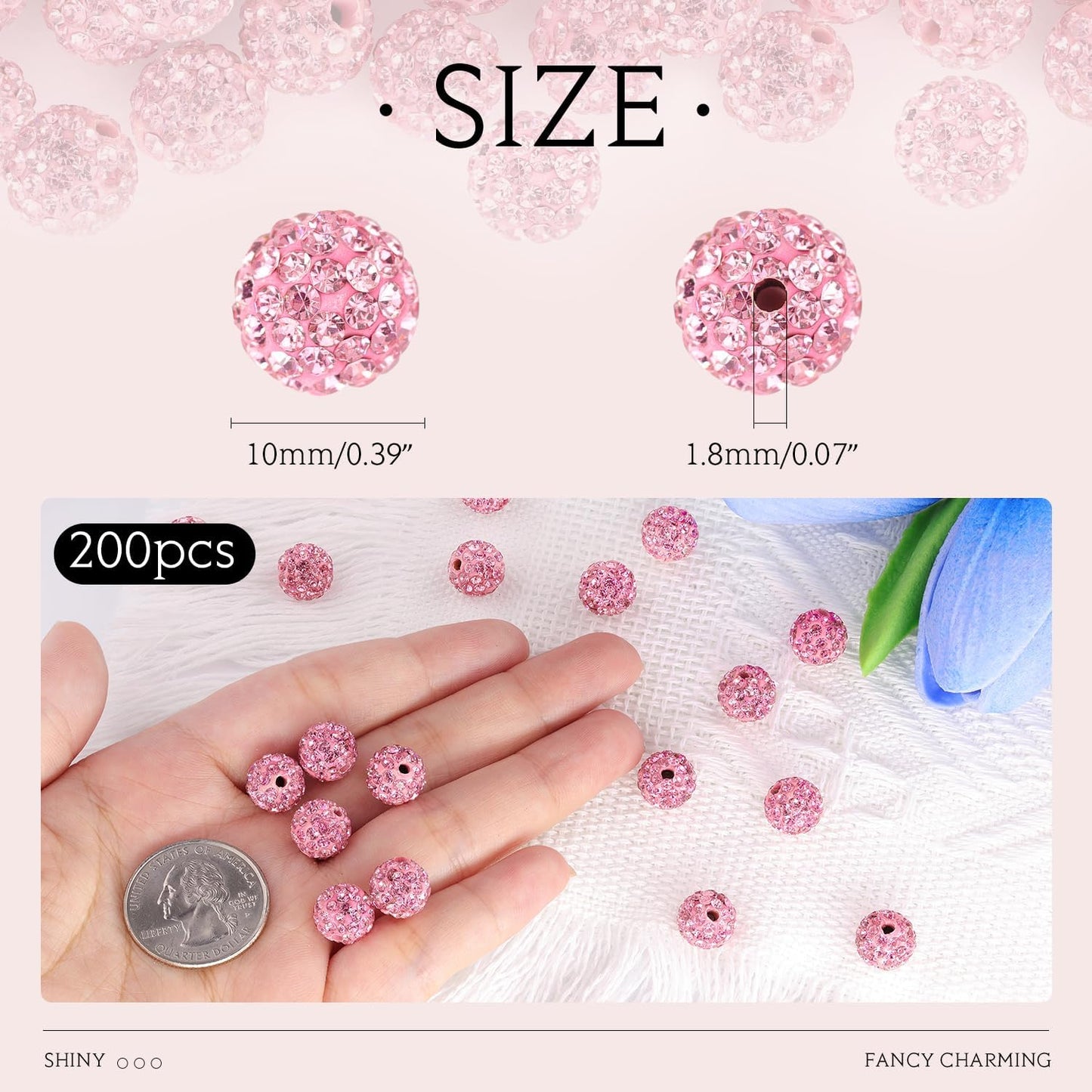 200pcs 10mm Pink Rhinestone Beads for Jewelry Making, Shiny Round Shamballa Disco Ball Beads Bulk, Sparkle Crystal Clay Christmas for Bracelet Baseball Necklace Earring Crafting and DIY