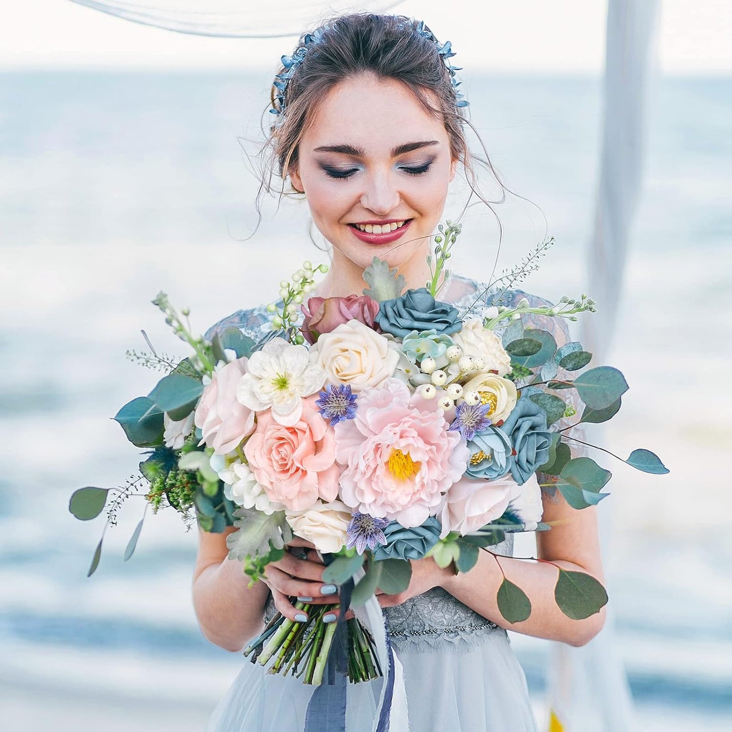 AmyHomie Blue Pink Artificial Flowers Combo Silk Mix Peony Rose Hydrangea Daisy Fake Flowers w/Stem for DIY Wedding Bouquets Centerpieces Arrangements Table Decor Party Bridal Baby Shower Home Decor