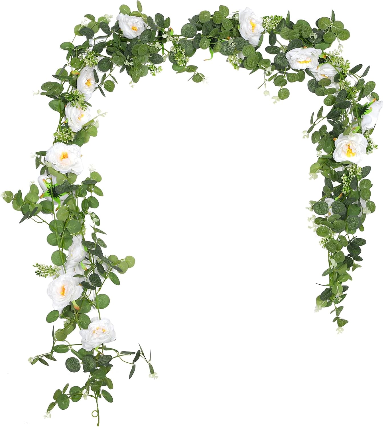 2 Pcs Total13Ft Eucalyptus Flower Garland with Fake Rose Flower, Artificial Fake Flowers Greenery Garland Floral Vines for Decoration Party Wedding Table Indoor Outdoor Backdrop Wall Decor(White)