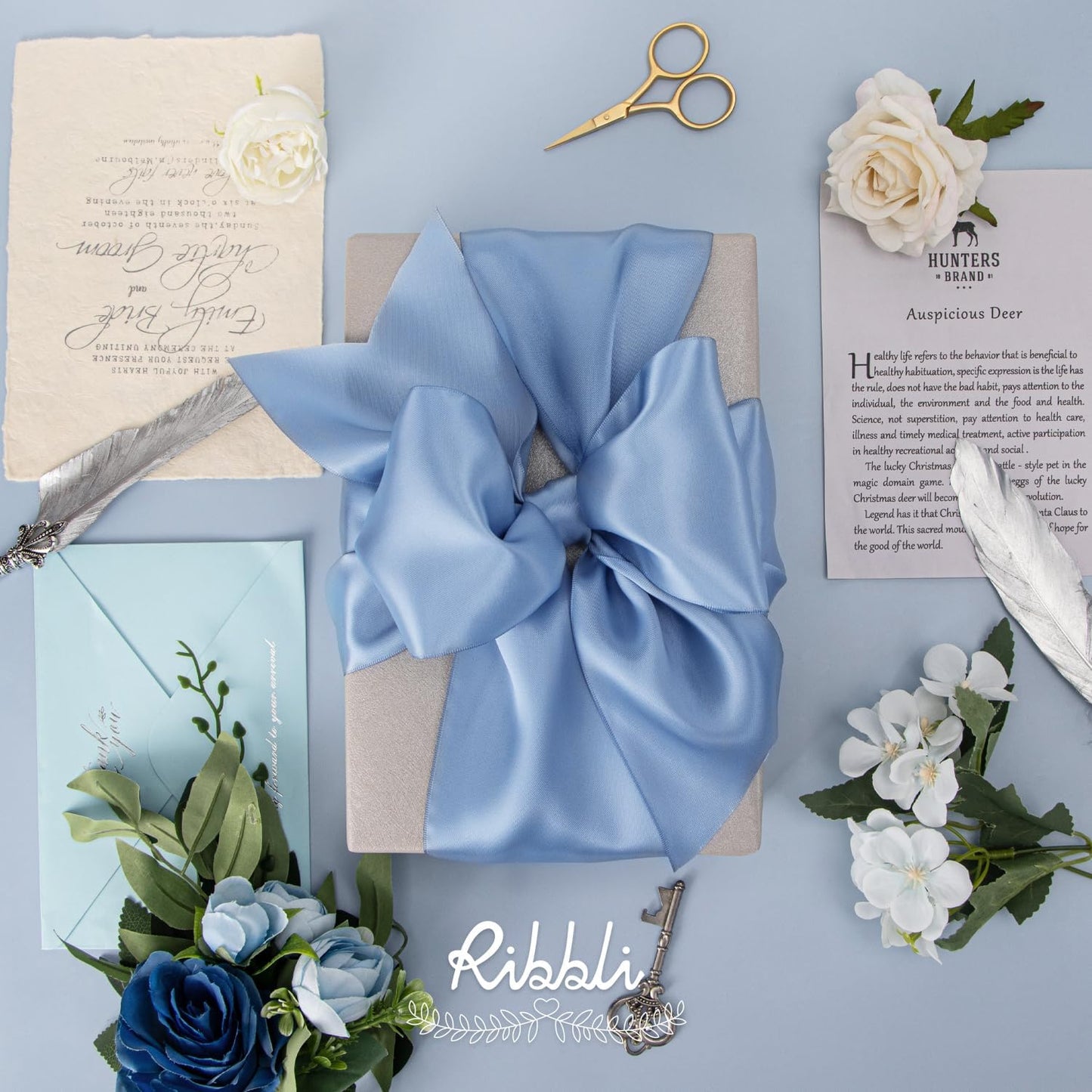 Ribbli Dusty Blue Satin Ribbon 4 Inch Wide Dusty Blue Ribbon for Wedding Chair Sash Grand Opening Ceremony Big Bows Gift Wrapping Floral Crafts Cake Decor-Double Faced Satin Continuous 10 Yards