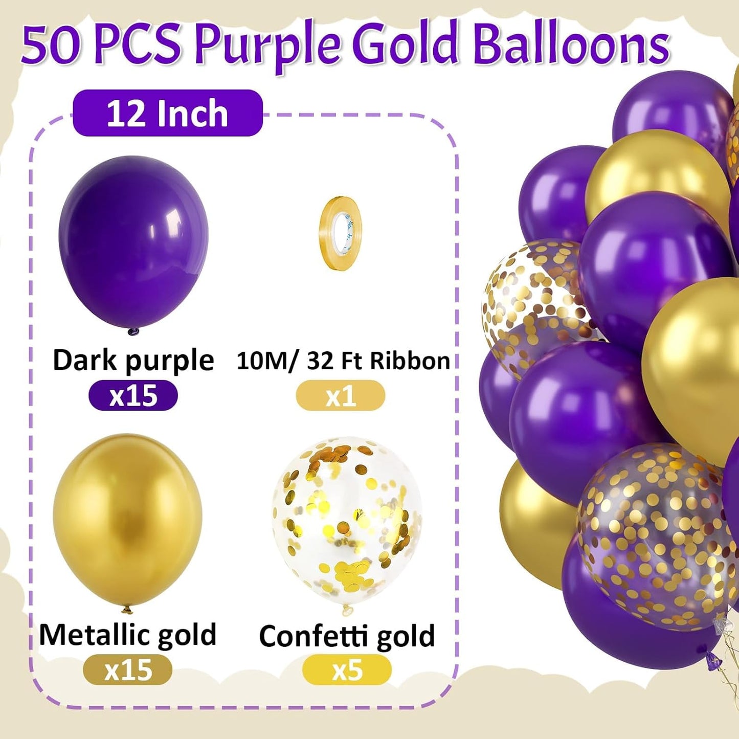Paready Purple and Gold Balloons, 50 Pcs Dark Purple Party Balloons, 12 Inch Retro Purple Metallic Gold Confetti Balloons Helium for Graduation Wedding Bridal Baby Shower Birthday Party Decorations