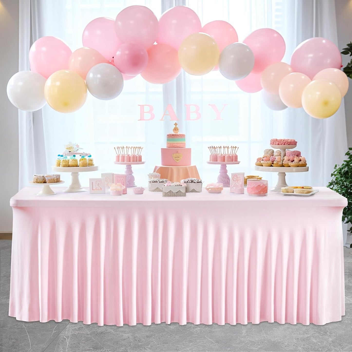 2 Pack Pink Spandex Table Clothes for 8 Foot Rectangle Tables, 8FT Wrinkle Free Fitted Tablecloths Ruffles Design Table Cover for Party, Banquet, Wedding and Events