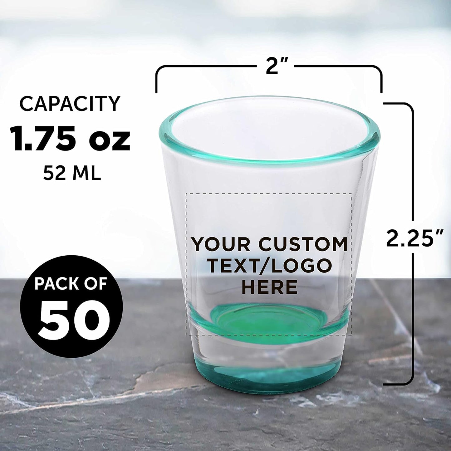Custom Shot Glasses 1.75 oz. Set of 50, Personalized Bulk Pack - Great for Wedding Favors, Bachelorette Party Decorations, Party Fovors, Color Bottom - Green