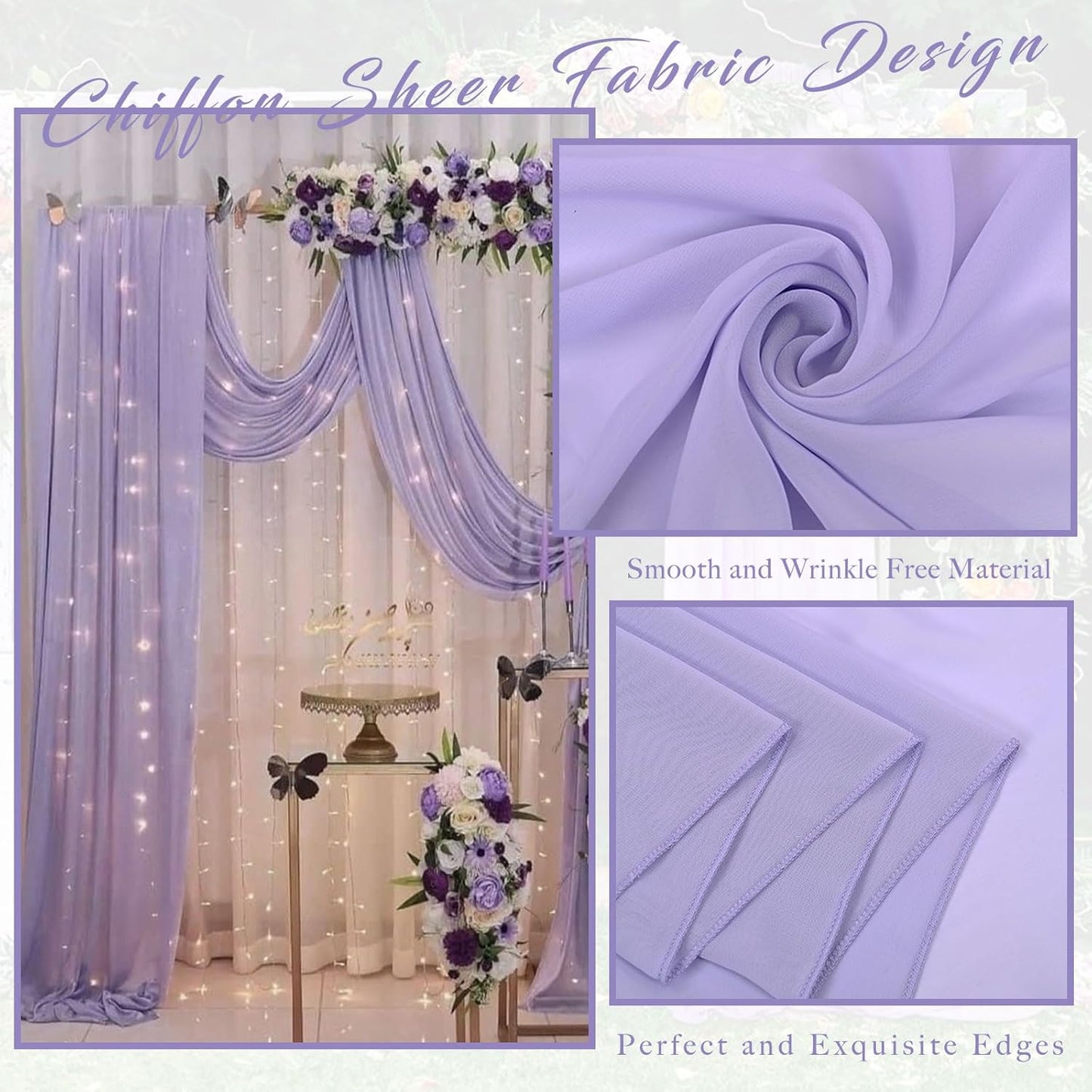 Wedding Arch Draping Fabric 4 Panels 20Ft Length x 28" Width Lilac Arch Drapes Chiffon Fabric Sheer Curtains Backdrop for Party Ceremony Wedding Ceiling Outdoor Indoor Stage Reception Decorations