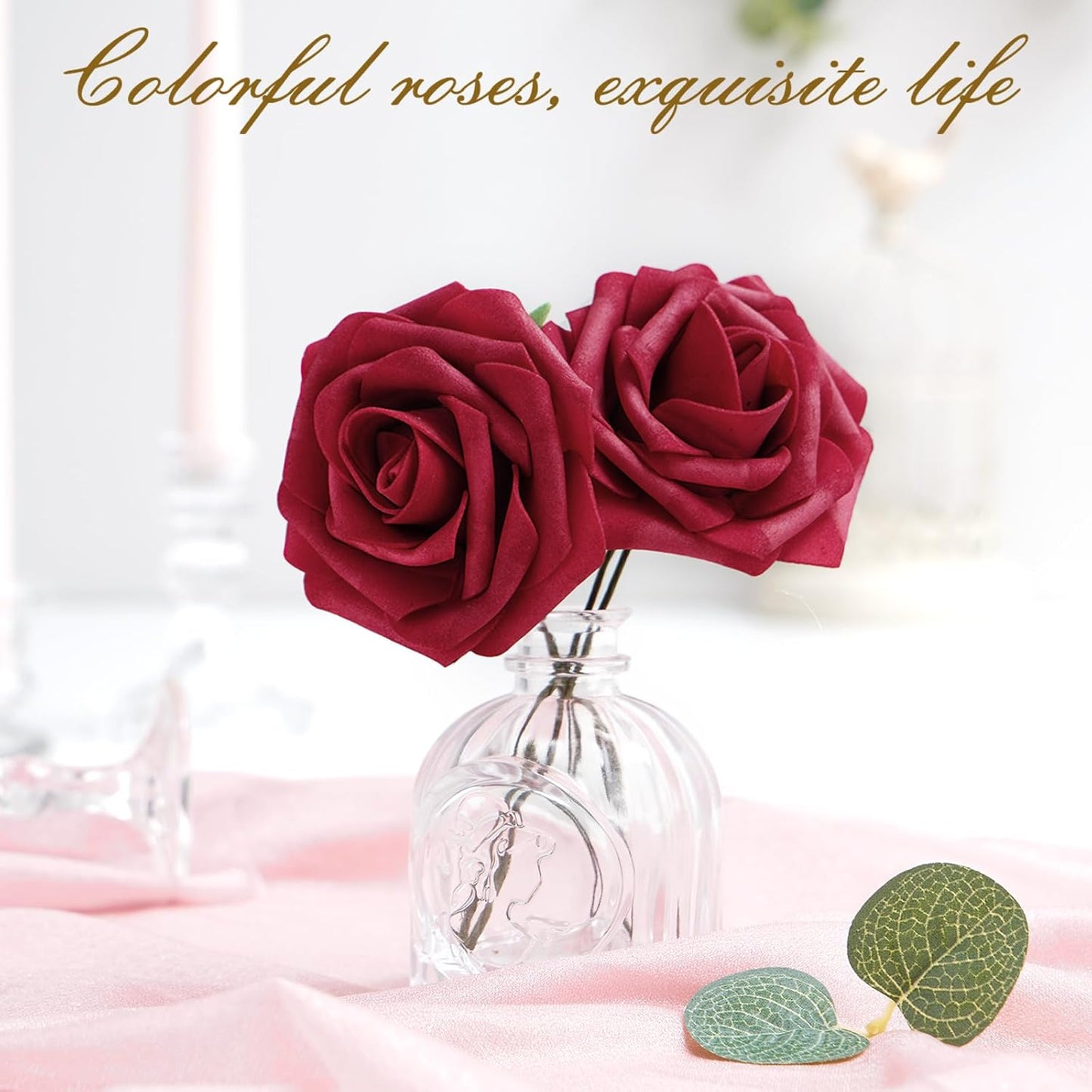 BLEUM CADE 36Pcs Artificial Flowers Fake Roses with Stems, Burgundy Boxed Foam Roses for DIY Bouquets Centerpieces Wedding Party Arrangement Bridal Shower Decor