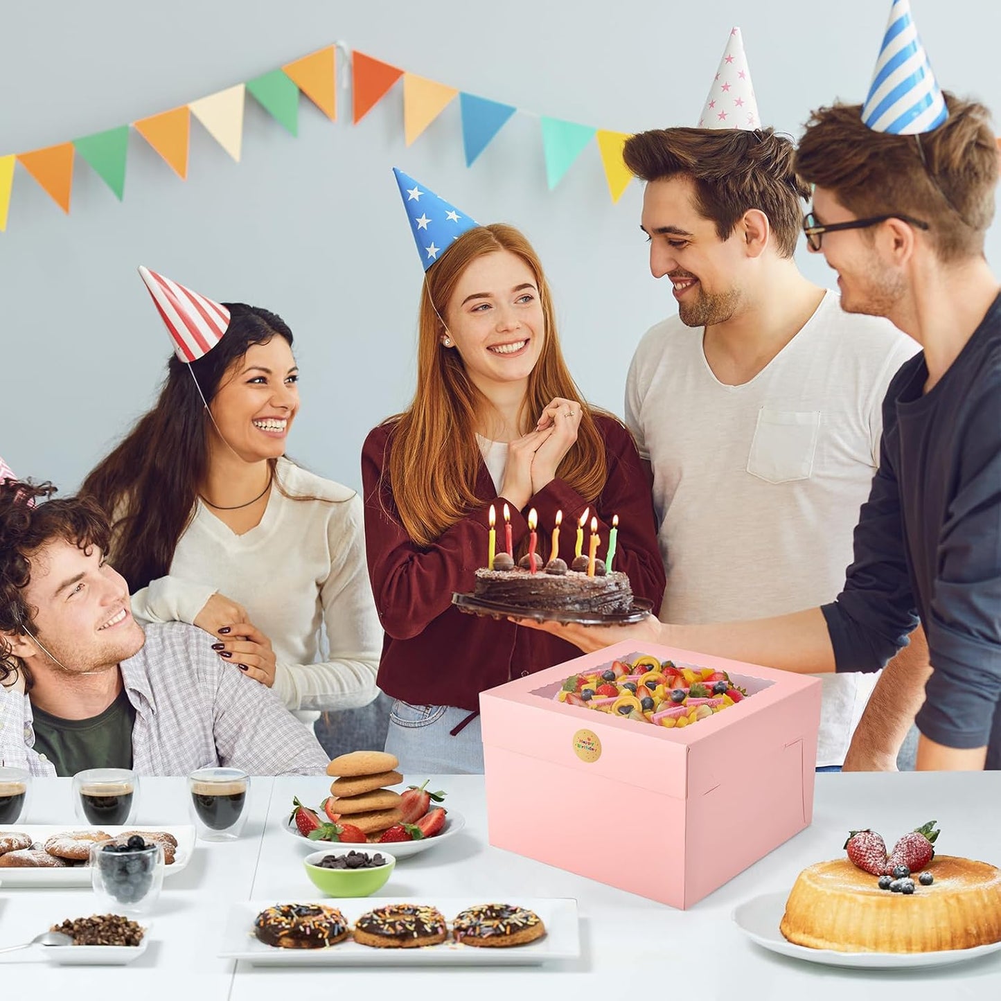 12Pcs Cake Boxes, 12x12x8 Inches Tall Bakery Boxes with Window, Large Pink Disposable Tier Cake Containers for Pastries, Pie, Cookies, Chocolates, Cupcakes, Birthday Party Dessert Boxes