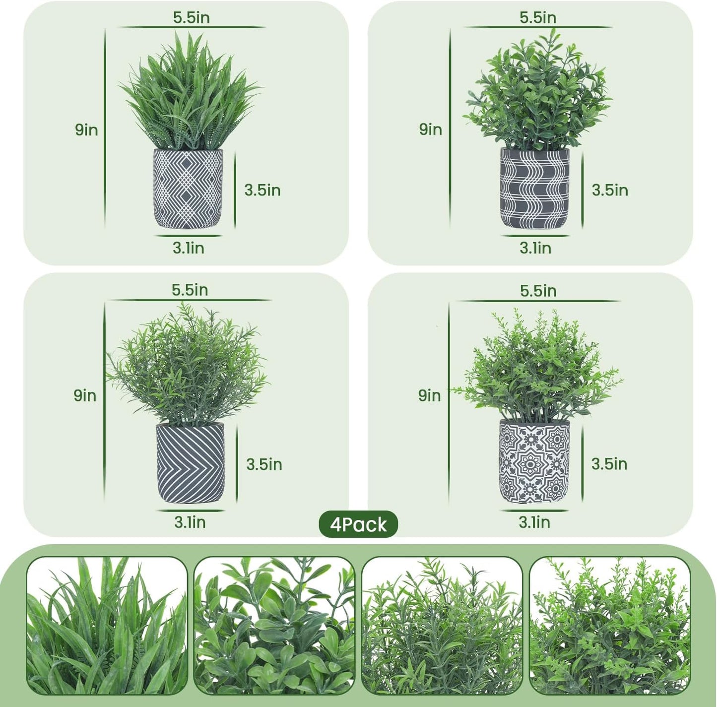 4 Pack Small Fake Plants, Fake Grass Plant, Artificial Boxwood & Rosemary, Lavender with Geometric Pattern Cement Pots, Small Potted Faux Greenery for Home Decor, Office, Indoor&Outdoor Decor