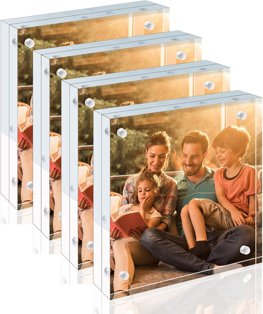 Egofine 5x5 Acrylic Frames 4 Pack,20mm Thicker Frameless Clear Picture Frames, Double Sided Magnetic Picture Frames, Free Standing Desktop Display
