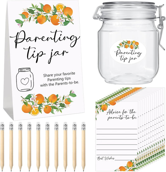 Roowest Baby Shower to Baby Advice Cards for New Parents to Be - Tip Jar Sign for New Parents 60 Parenting Advice Cards 10 HB Pencils 2 Cute Stickers 1 Pet Bottle for Guests Games(Little Cutie)