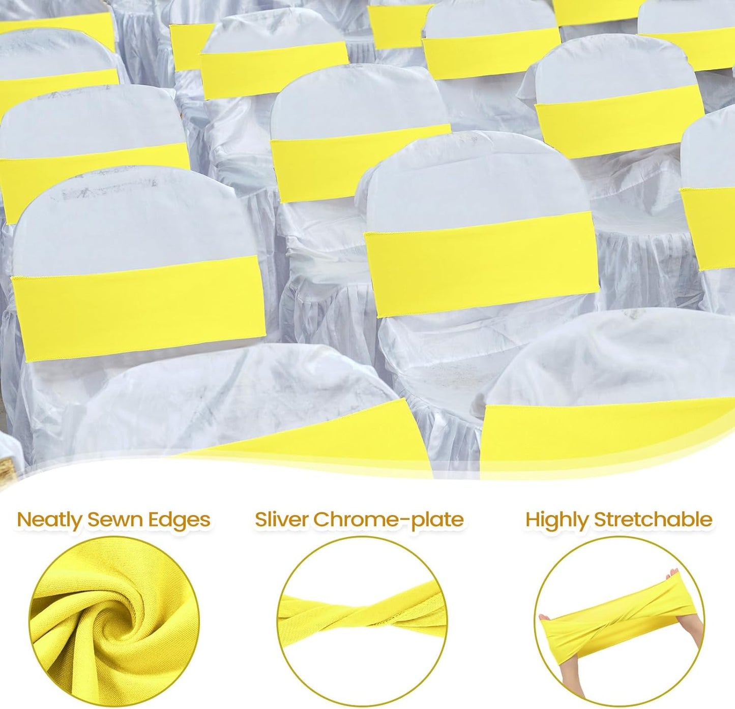 Kinlop 50 Pcs Spandex Chair Sashes Bows Chair Bands Slider Sashes for Covers Elastic Bands Ties Without Buckle Decorations for Wedding Party Events Ceremony Birthday(Yellow)