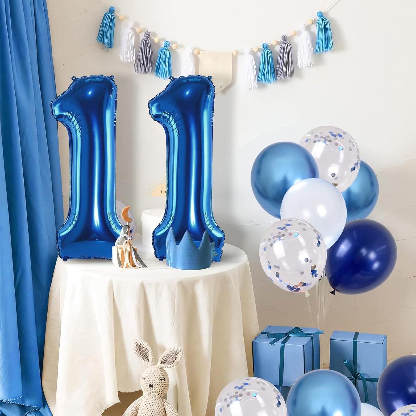 Foil Number Balloons 11, 40'' 11th Birthday Balloon with Pastel Navy Dark Blue Silver Confetti Helium Balloon, Self Inflating Big 11 Balloon Number for Boys Birthday Party Anniversary Decor Supplies