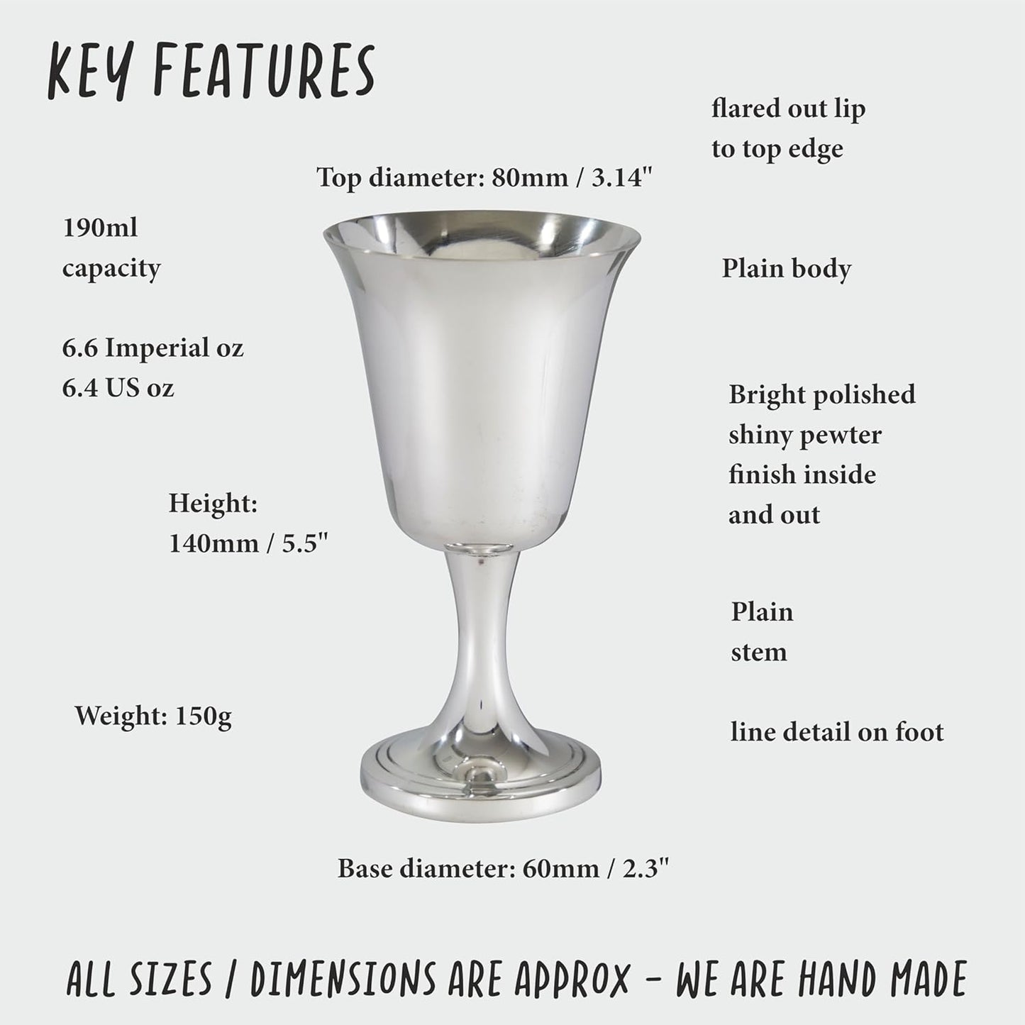 Wentworth Pewter - Large Pewter Bell Goblet, Wine Goblet, Wine Glass, Bright Polished Pewter