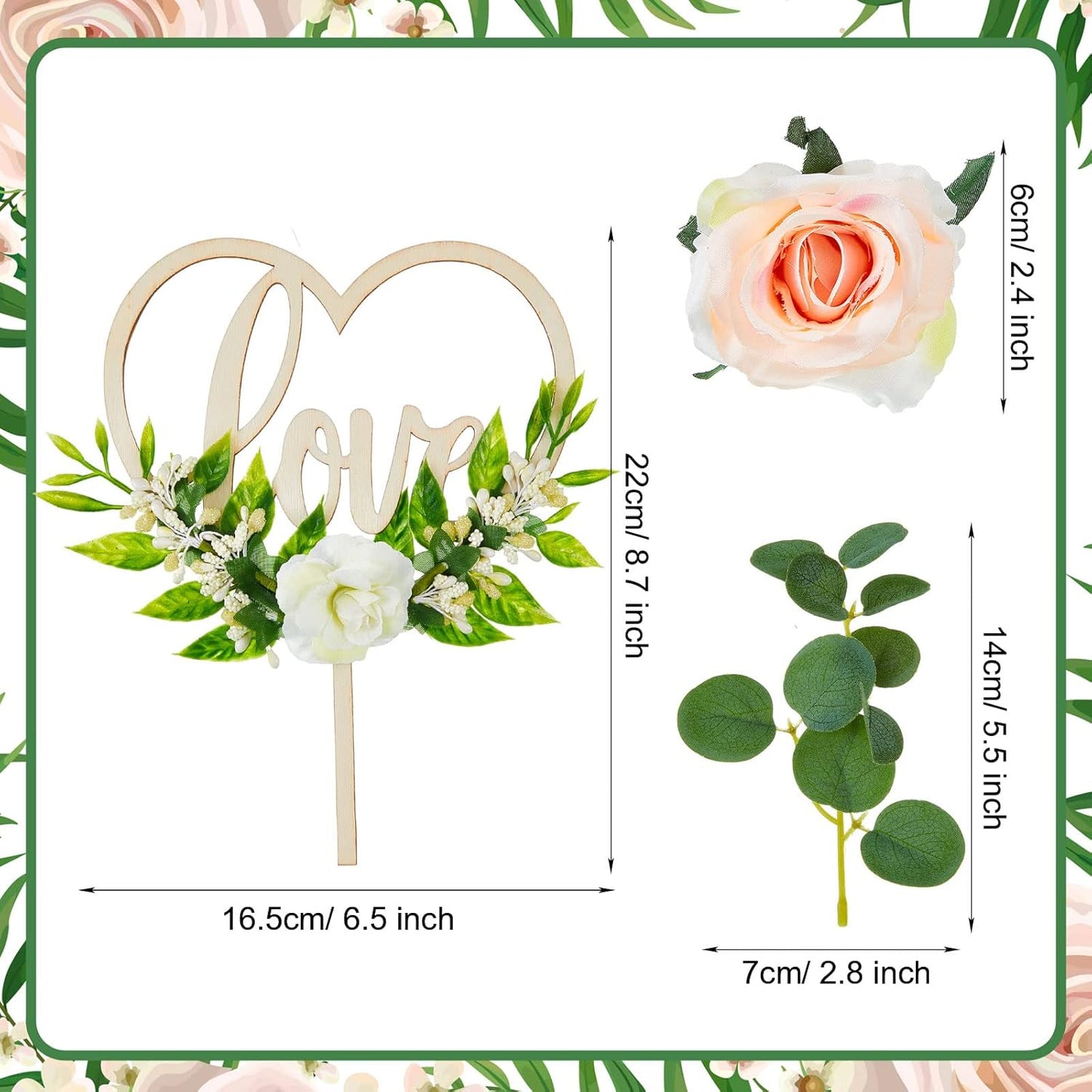 Juexica 6 Pcs Wedding Cake Topper Set Rustic Bridal Shower Heart Shaped Wedding Cake Topper Decorations Simulation Rose Flowers Leaves for Engagement Anniversary Party