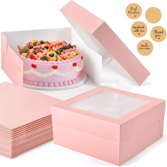 12Pcs Cake Boxes, 12x12x6 Inches Pink Bakery Boxes with Window, Large Disposable Cake Carrier Container for Pastries, Pie, Cookies, Chocolates, Cupcakes Dessert Boxes