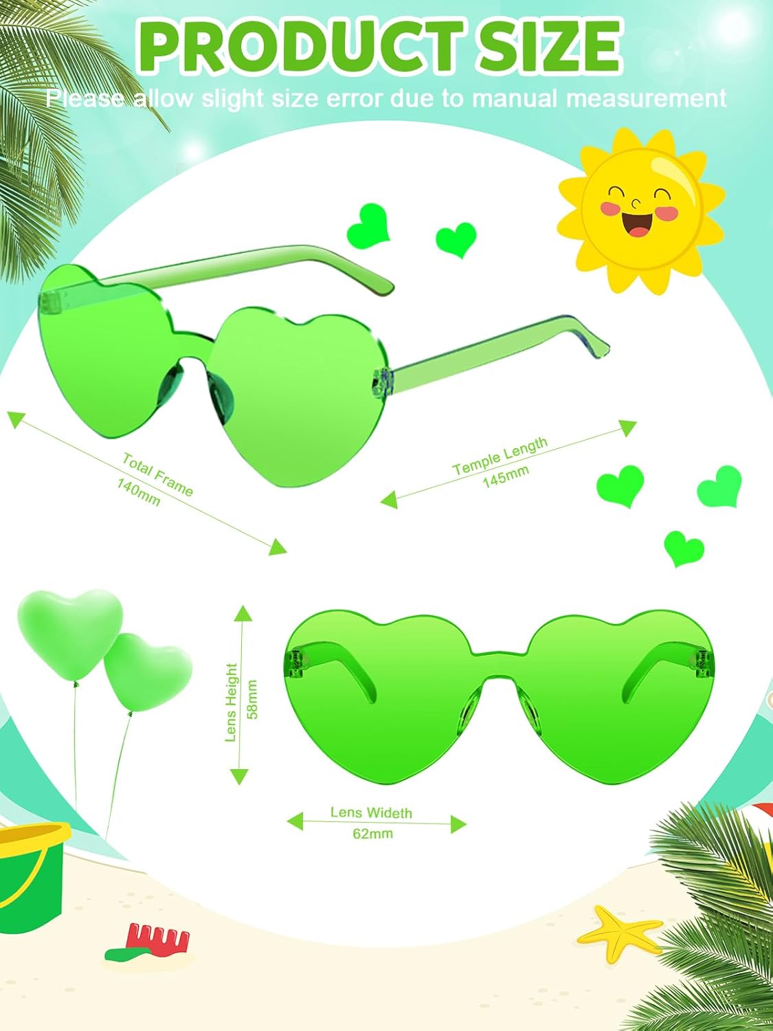 12 Pairs Heart Shaped Sunglasses for Women Colorful Glasses Fun Trendy Transparent Heart Sunglasses Party Favor (Fluorescent Green)