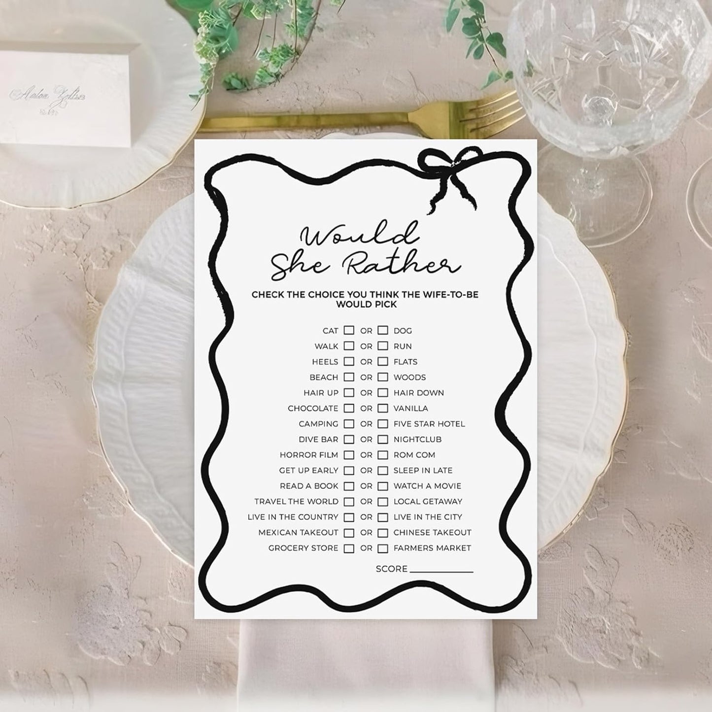 DEEKA 30 PCS Bridal Shower Games Card for 30 Guests Black Wavy Border Ribbon Bow Funny Wedding Bachelorette Party Games for Reception (Would She Rather)
