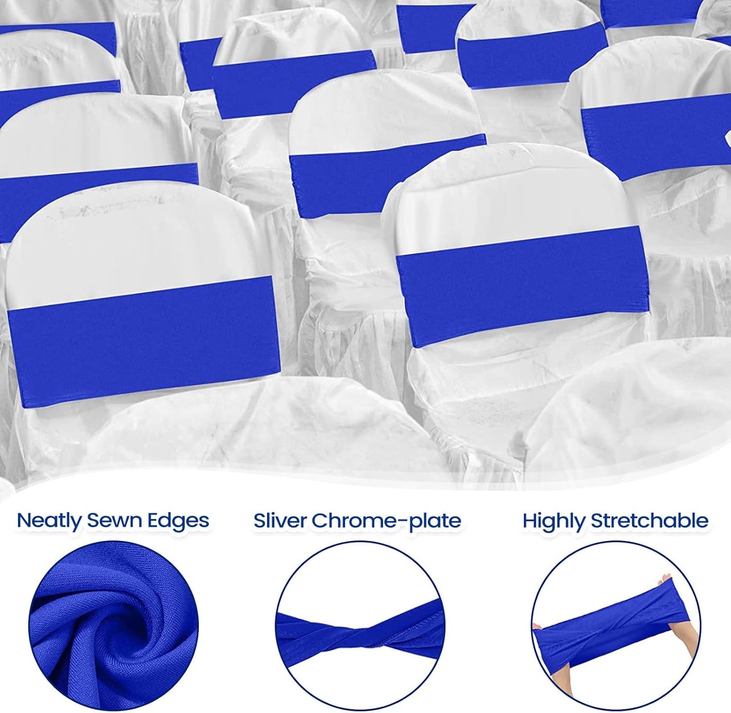 Kinlop 50 Pcs Spandex Chair Sashes Bows Chair Bands Slider Sashes for Covers Elastic Bands Ties Without Buckle Decorations for Wedding Party Events Ceremony Birthday(Blue)
