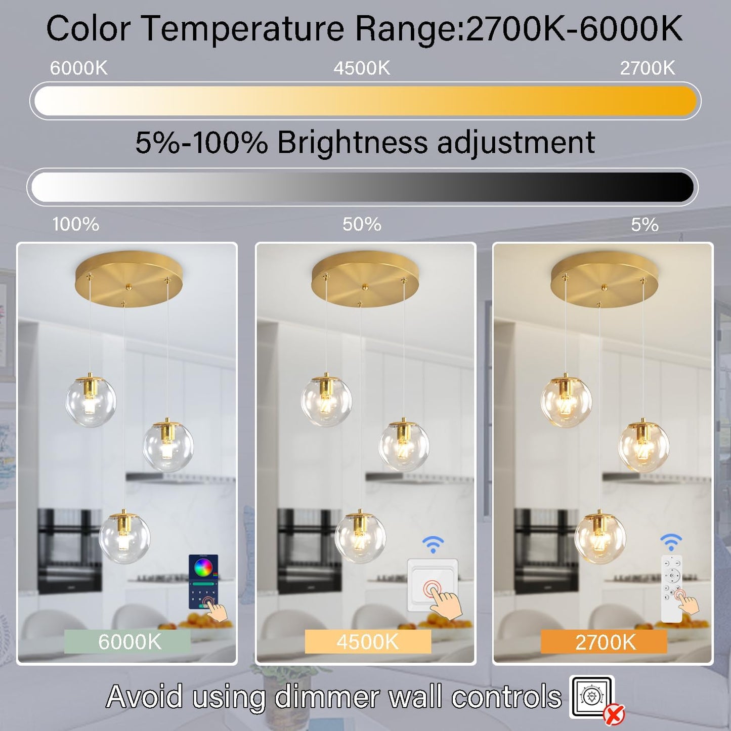 Globe Glass Pendant Light Modern Gold Clear Globe Glass Chandelier Mid Century Chandelier 3-Light Hanging Fixture for Kitchen Island Foyer Hallway Dining Room