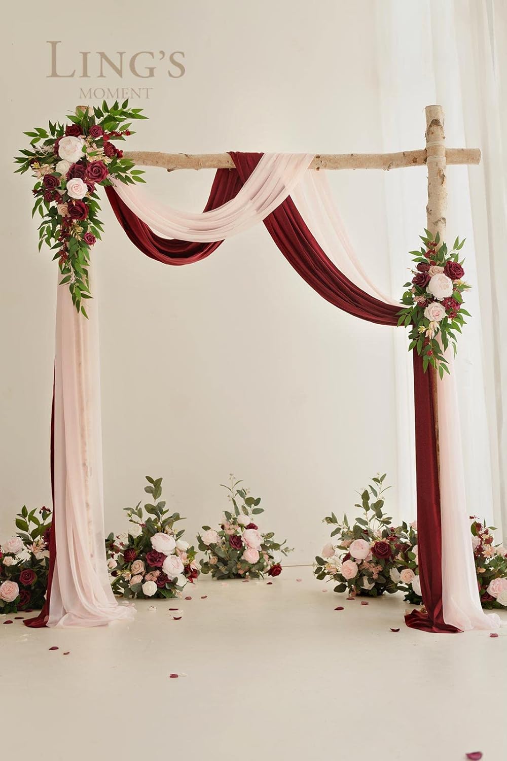 Ling's Moment Pink Blush Artificial Wedding Arch Flowers Kit Pack of 4, 2pcs Hanging Flower Arrangement 2pcs Chiffon Drapes Ceremony Reception Fake Rose Arbor Backdrop Floral Party Outdoor Decorations