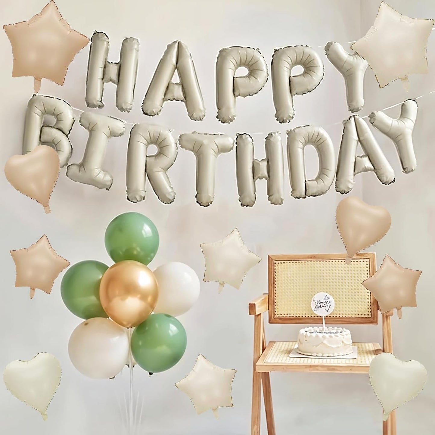 Happy Birthday Balloon Banner Cream, 16 Inch Beige Mylar Foil Letter Balloons, Boho Neutral Birthday Decorations with 10 Pcs Ivory Caramel Brown Foil Balloon, Inflatable Party Supplies for Women Girl