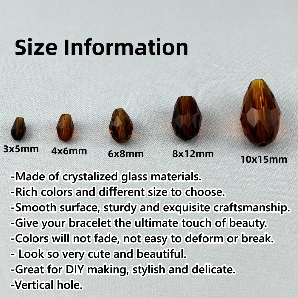 100pcs 8x12mm Teardrop Crystal Glass Beads for Jewelry Making, Faceted Vertical Hole Teardrop Glass Spacer Beads for Wind Chimes Bracelet Earring Necklace DIY Craft(Dark Amber)