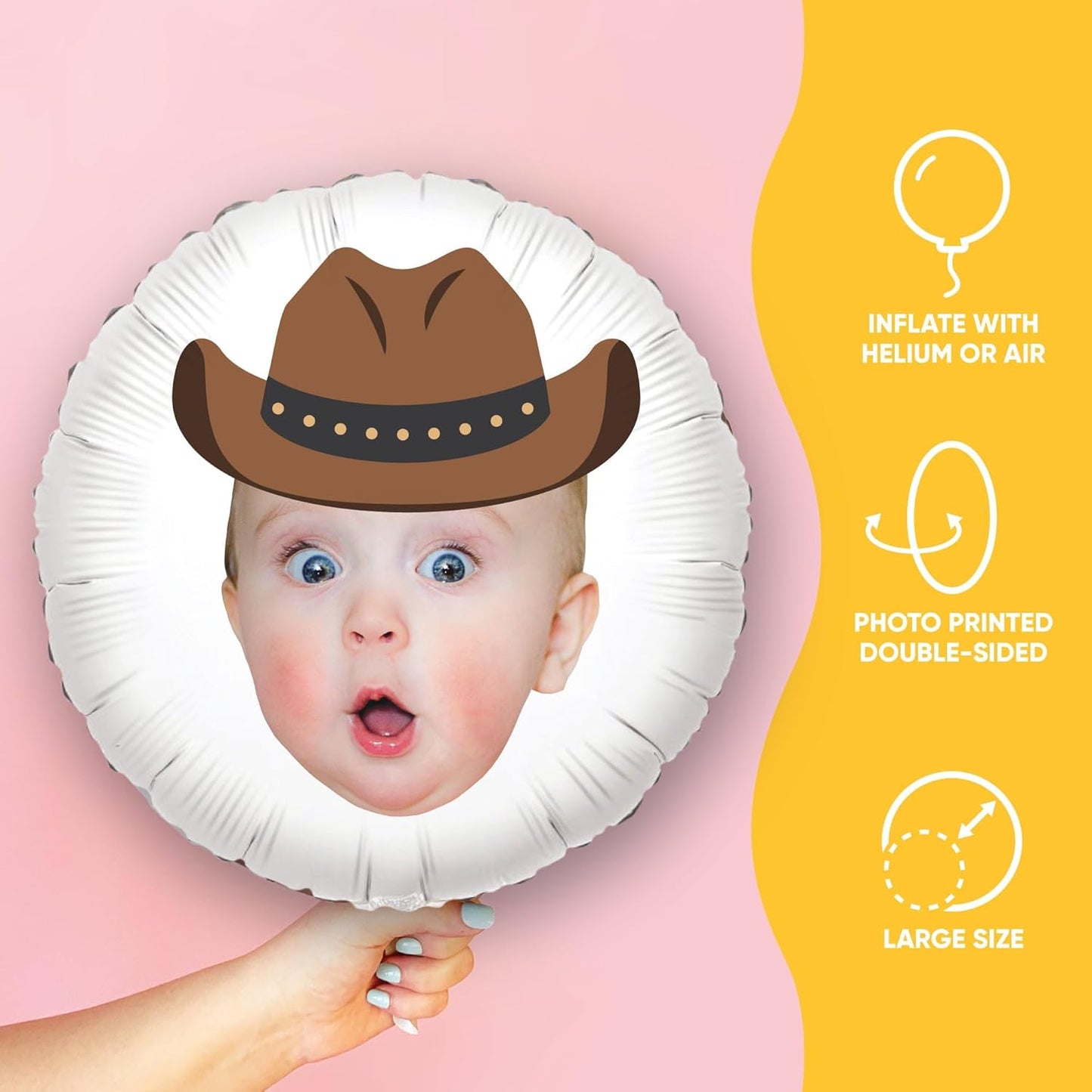 Big Dot of Happiness Personalized Western Hoedown Fun Face Photo Balloon, Wild West Little Cowboy Birthday Party Decorations, Custom Double-Sided Circle Mylar, 1 Piece