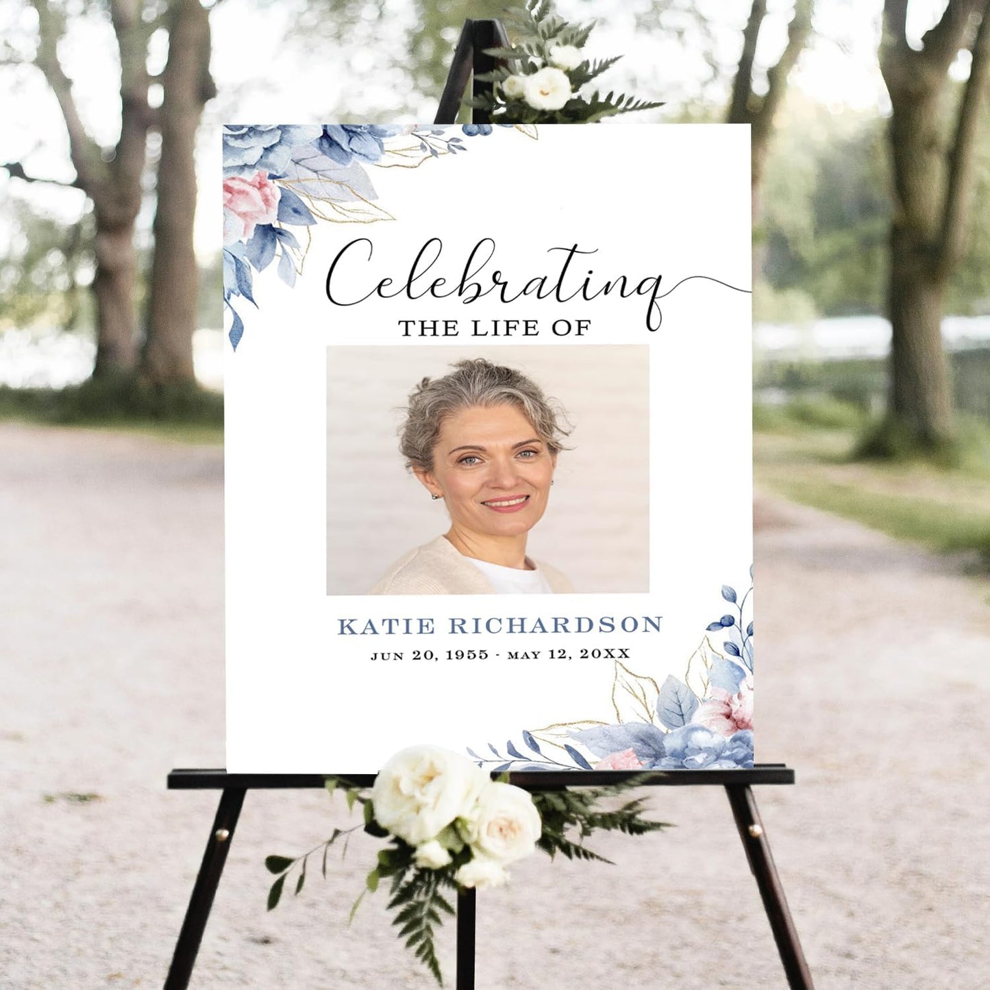 Blue Roses Memorial Sign Navy Blue Funeral Welcome Sign for Women Blue Flowers Female Memorial Sign Celebration of Life, Funeral Décor, Funeral program