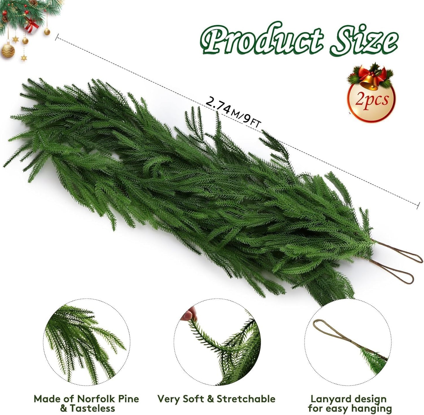 2 Pack Christmas Norfolk Pine Garlands 9FT, Real Touch Artificial Greenery Garland – Full Evergreen Pine Garland for Mantle, Fireplace, Table, Wall, Stairs & Outdoor Holiday Décor