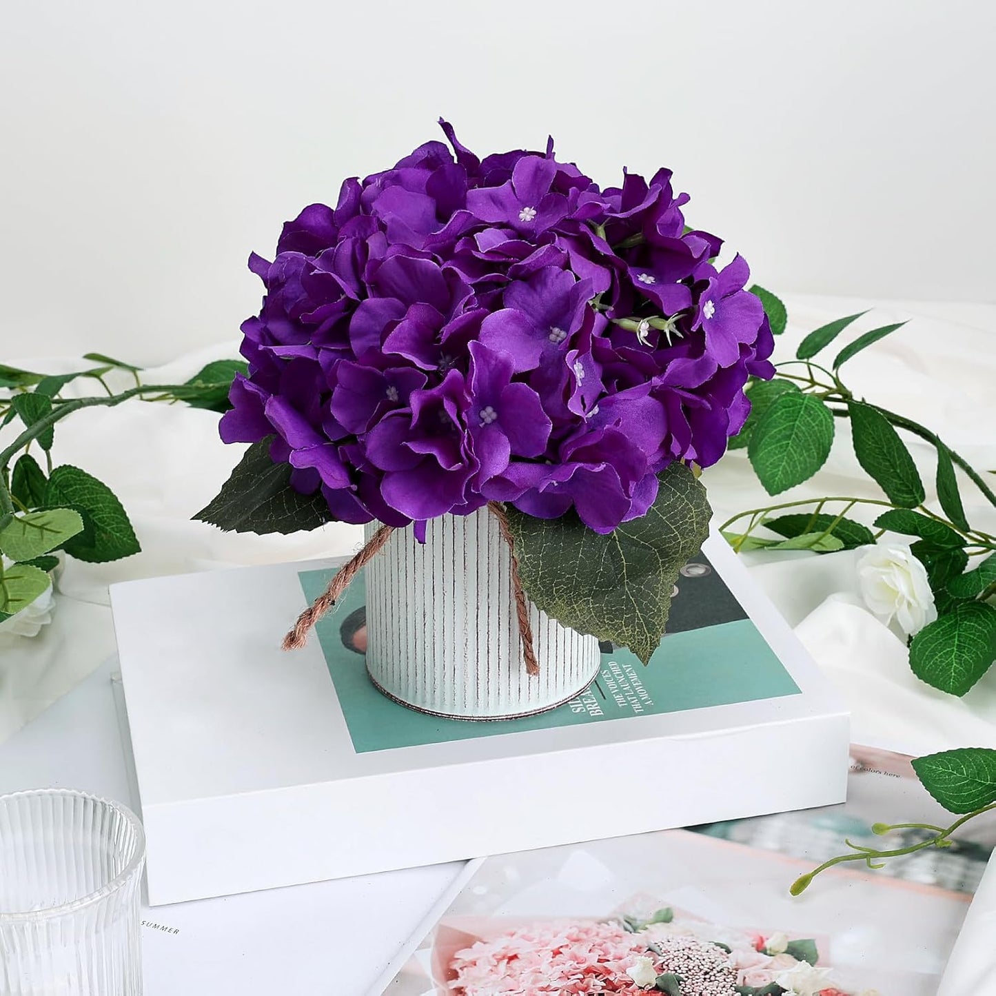 Flower Table Centerpieces - Set of 6 Floral Arrangement Artificial Wedding Hydrangeas Floral Arrangement with Rustic Metal Vase for Bridal Tea Party Event Decorations - Deep Purple