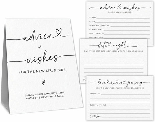 Wedding Advice Cards - Wishes For The New Mr & Mrs Wedding Advice Sign -A Standing Sign With 3 Types Of 4 x 6 Advice Cards -Bride and Groom Newlyweds Bridal Shower Decoration,Games(White) - C01