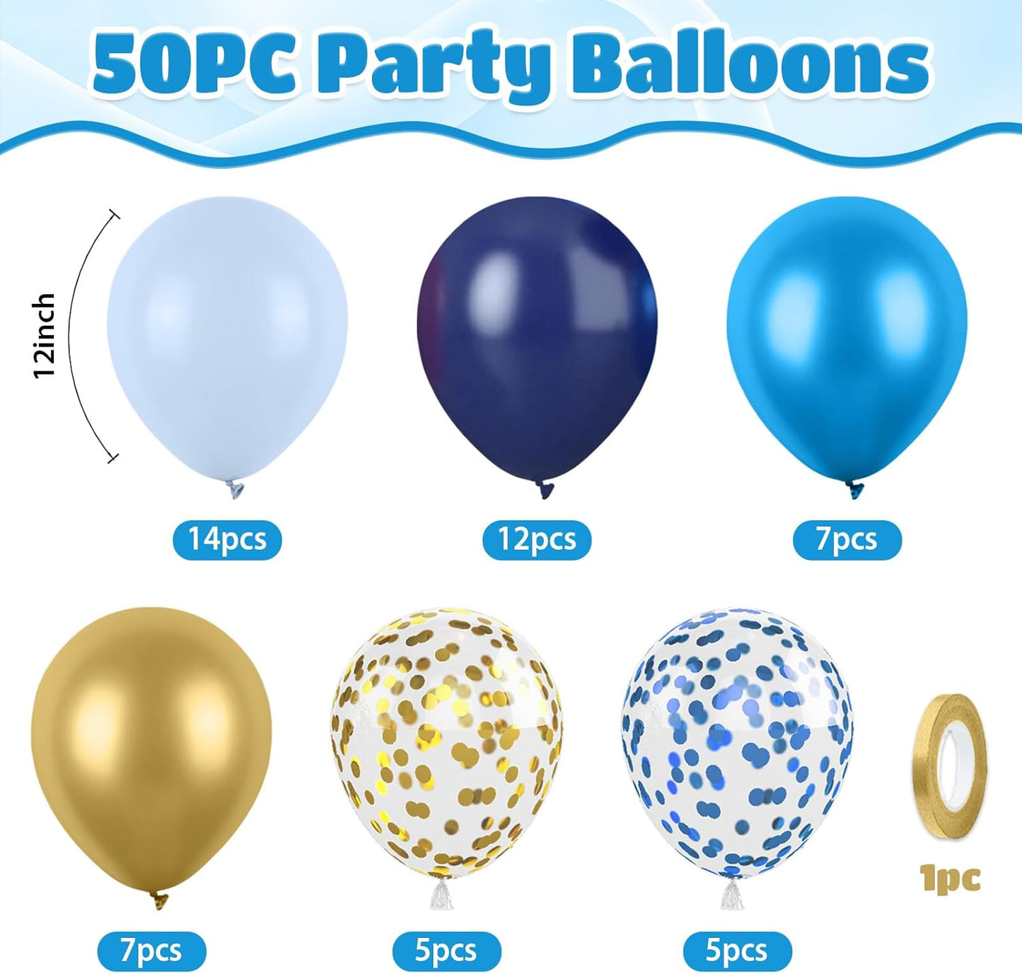 Blue and Gold Balloons, 50pcs Metallic Blue Gold Balloons, Navy Macaron Balloon Confetti Balloon For Birthday Baby Shower Father's Day Party Wedding Graduation Bachelorette Anniversary Decorations